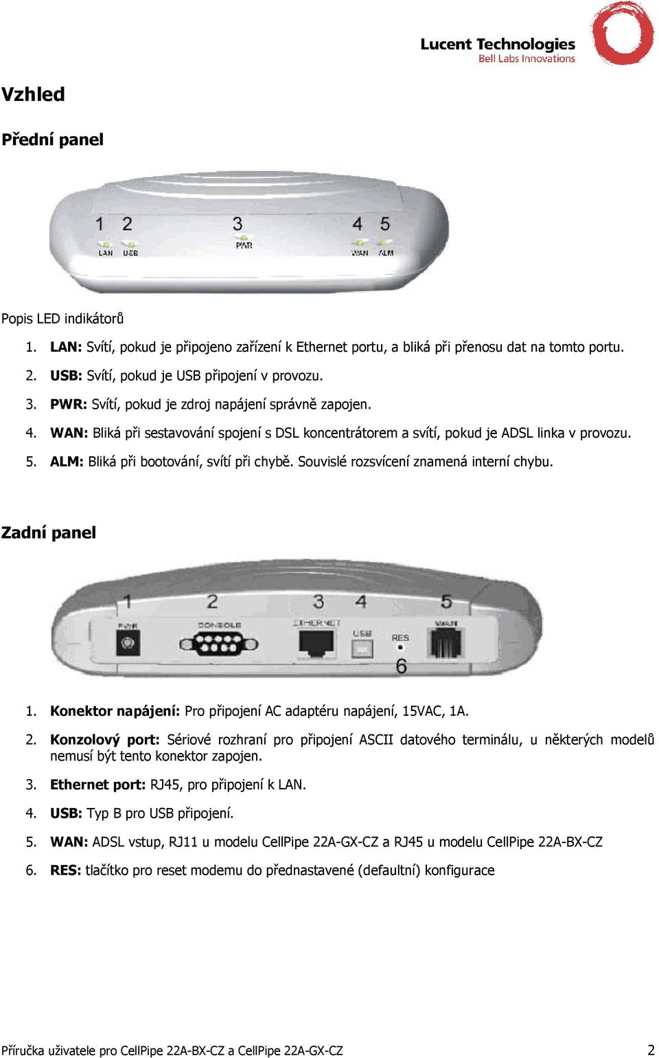 Souvislé rozsvícení znamená interní chybu. Zadní panel 1. Konektor napájení: Pro připojení AC adaptéru napájení, 15VAC, 1A. 2.