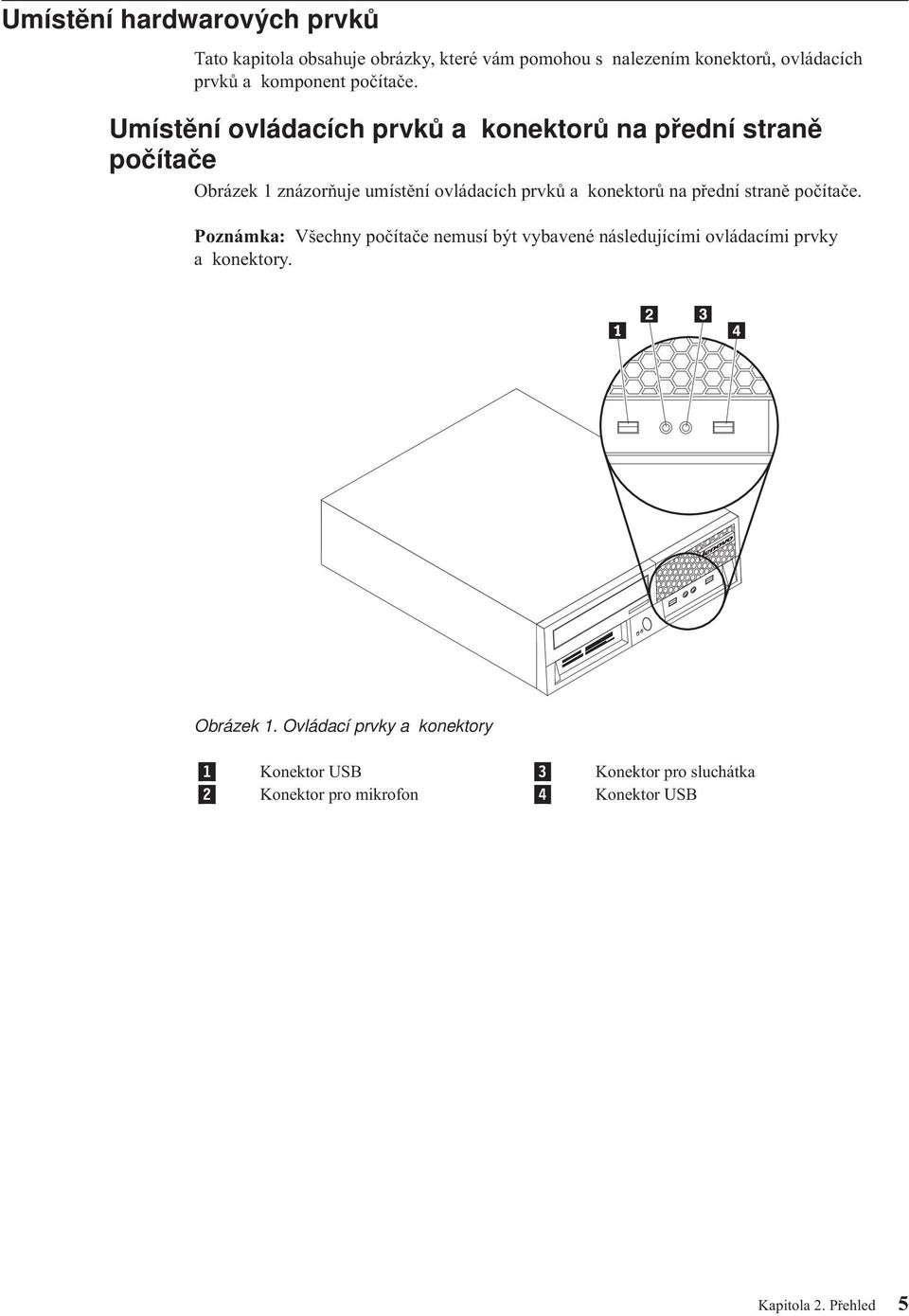 Umístění ovládacích prvků a konektorů na přední straně počítače Obrázek 1 znázorňuje umístění ovládacích prvků a konektorů na