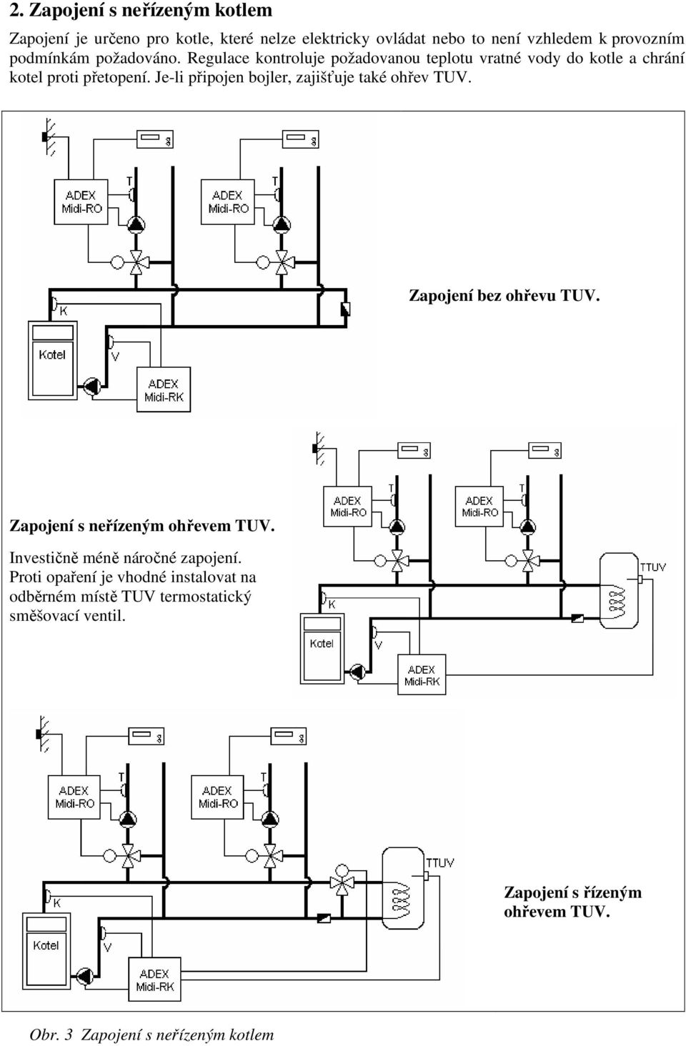 Je-li připojen bojler, zajišťuje také ohřev TUV. Zapojení bez ohřevu TUV. Zapojení s neřízeným ohřevem TUV.
