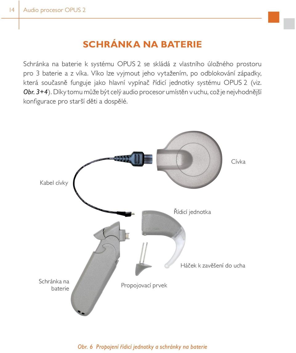 (viz. Obr. 3+4). Díky tomu může být celý audio procesor umístěn v uchu, což je nejvhodnější konfigurace pro starší děti a dospělé.
