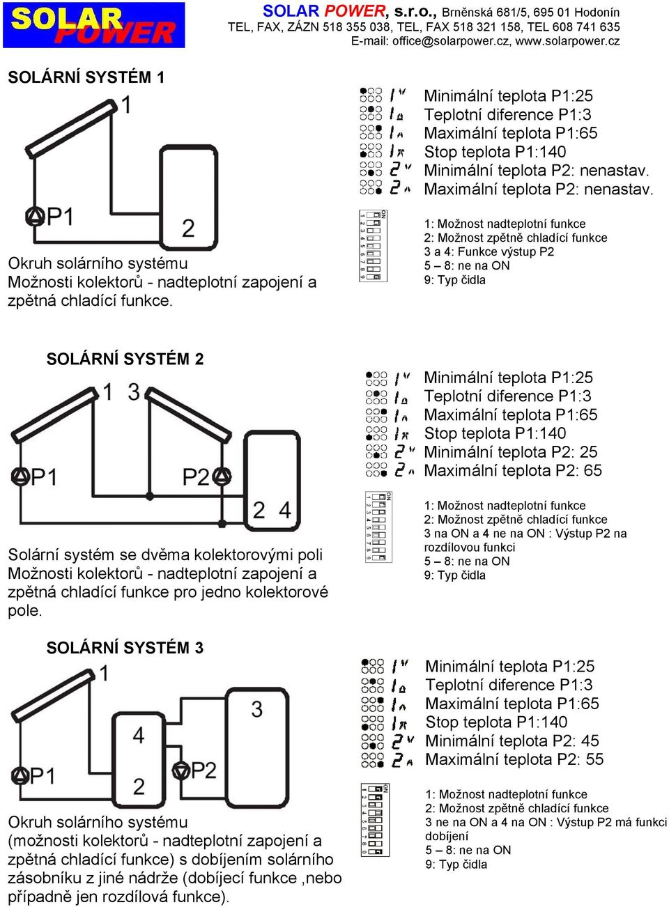 3 a 4: Funkce výstup P2 SOLÁRNÍ SYSTÉM 2 Solární systém se dvěma kolektorovými poli Možnosti kolektorů - nadteplotní zapojení a zpětná chladící funkce pro jedno kolektorové pole.