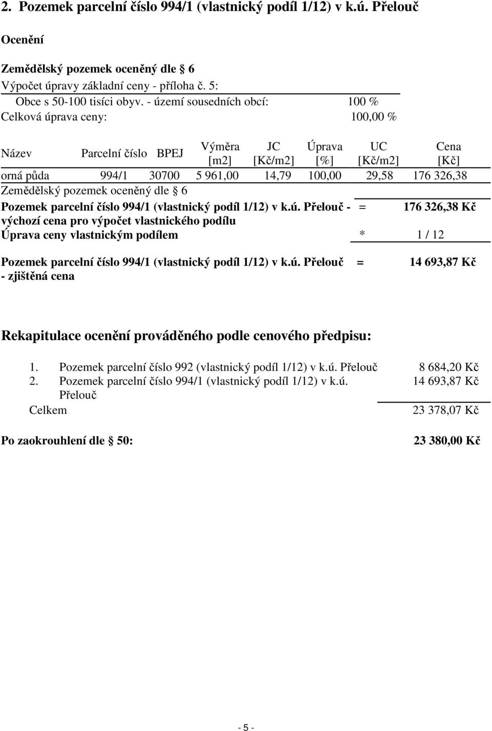 326,38 Zemědělský pozemek oceněný dle 6 Pozemek parcelní číslo 994/1 (vlastnický podíl 1/12) v k.ú.