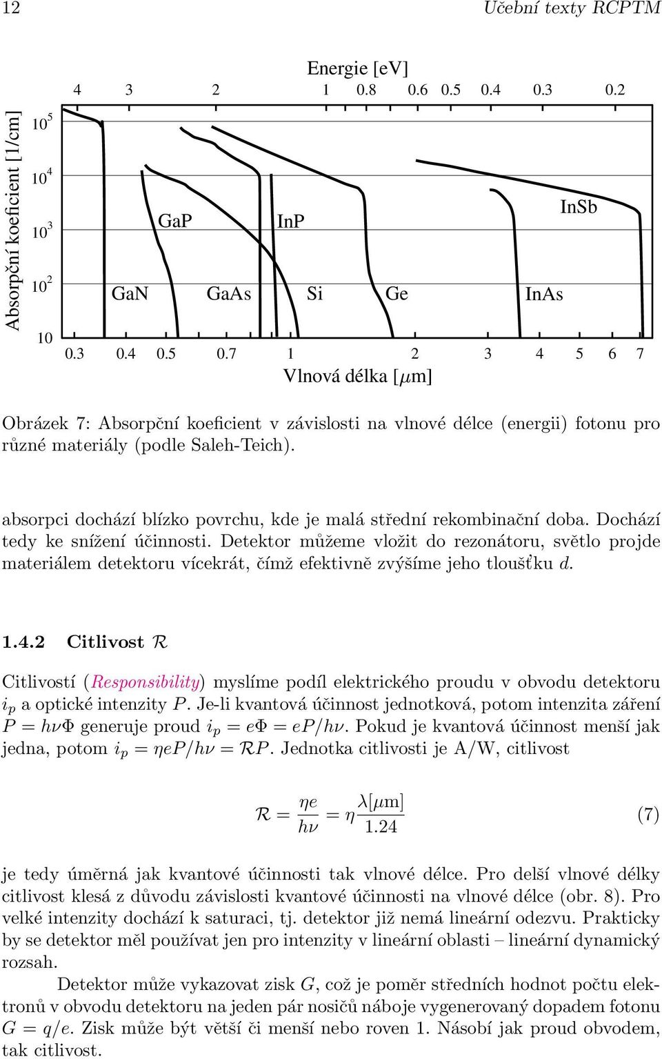 7 1 2 3 4 5 6 7 Vlnová délka [ m] Ge Obrázek 7: Absorpční koeficient v závislosti na vlnové délce (energii) fotonu pro různé materiály (podle Saleh-Teich).