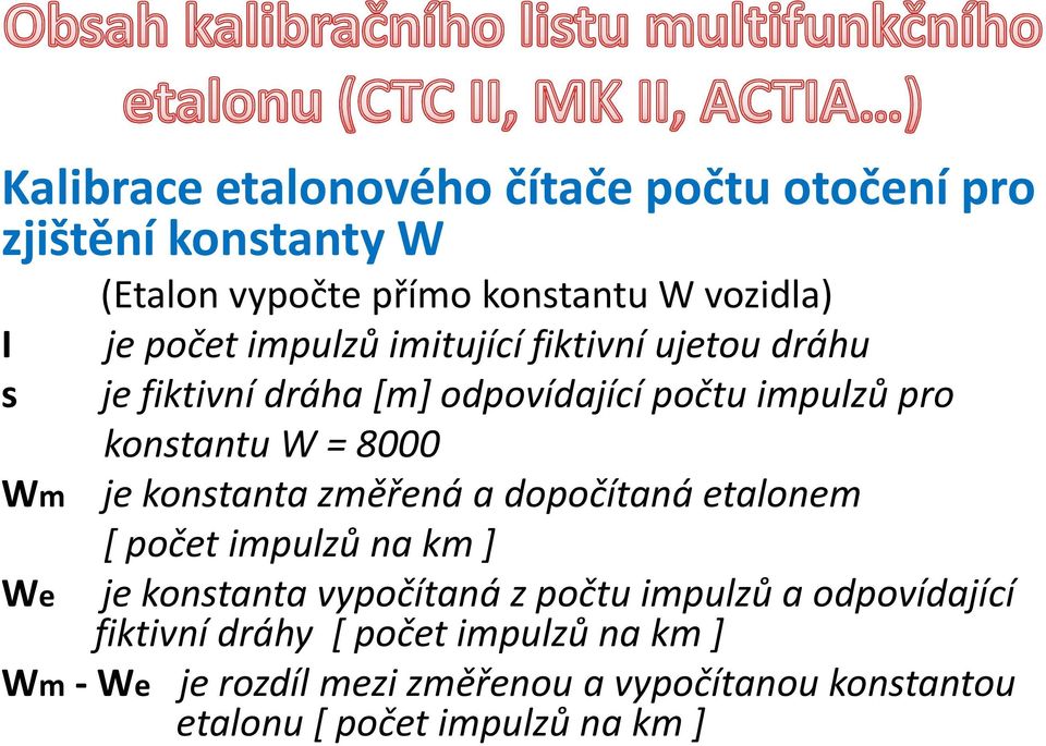 konstanta změřená a dopočítaná etalonem [ počet impulzů na km ] We je konstanta vypočítaná zpočtu impulzů a odpovídající