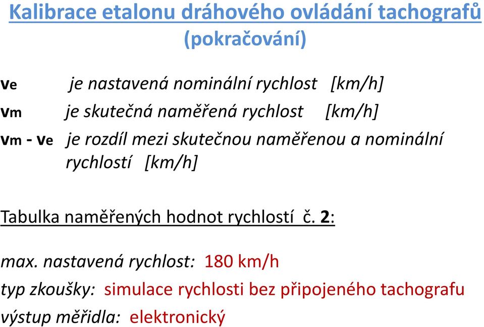 a nominální rychlostí [km/h] Tabulka naměřených hodnot rychlostí č. 2: max.