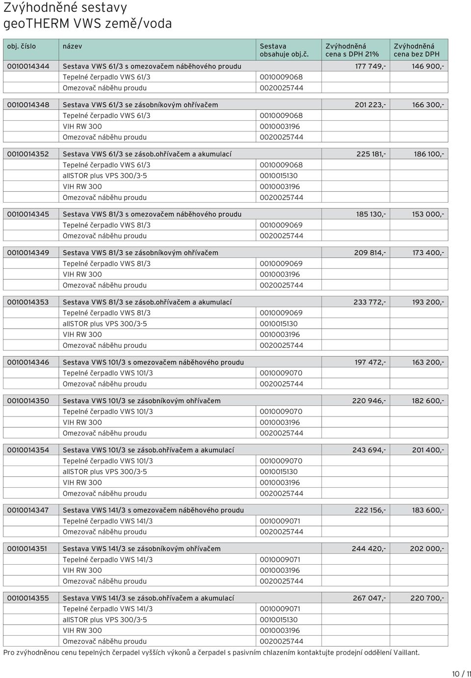 Zvýhodněná cena s DPH 1% Zvýhodněná cena bez DPH 001001444 Sestava VWS 61/ s omezovačem náběhového proudu 177 749,- 146 900,- Tepelné čerpadlo VWS 61/ 0010009068 001001448 Sestava VWS 61/ se