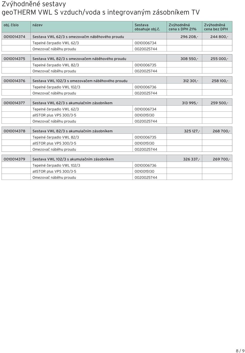 Zvýhodněná cena s DPH 1% Zvýhodněná cena bez DPH 001001474 Sestava VWL 6/ s omezovačm náběhového proudu 96 08,- 44 800,- Tepelné čerpadlo VWL 6/ 001000674 001001475 Sestava VWL 8/ s omezovačem