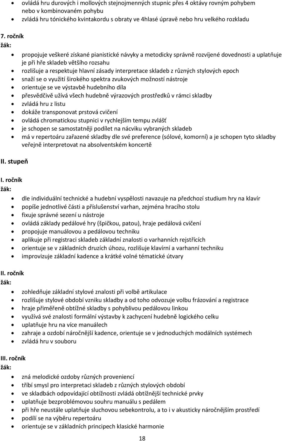 stupeň propojuje veškeré získané pianistické návyky a metodicky správně rozvíjené dovednosti a uplatňuje je při hře skladeb většího rozsahu rozlišuje a respektuje hlavní zásady interpretace skladeb z