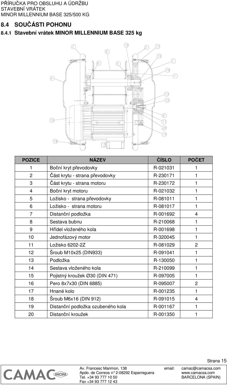 vloženého kola R-001698 1 10 Jednofázový motor R-320045 1 11 Ložisko 6202-2Z R-081029 2 12 Šroub M10x25 (DIN933) R-091041 1 13 Podložka R-130050 1 14 Sestava vloženého kola R-210099 1 15 Pojistný