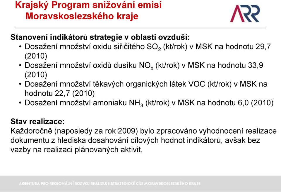 (kt/rok) v MSK na hodnotu 22,7 (2010) Dosažení množství amoniaku NH 3 (kt/rok) v MSK na hodnotu 6,0 (2010) Stav realizace: Každoročně (naposledy