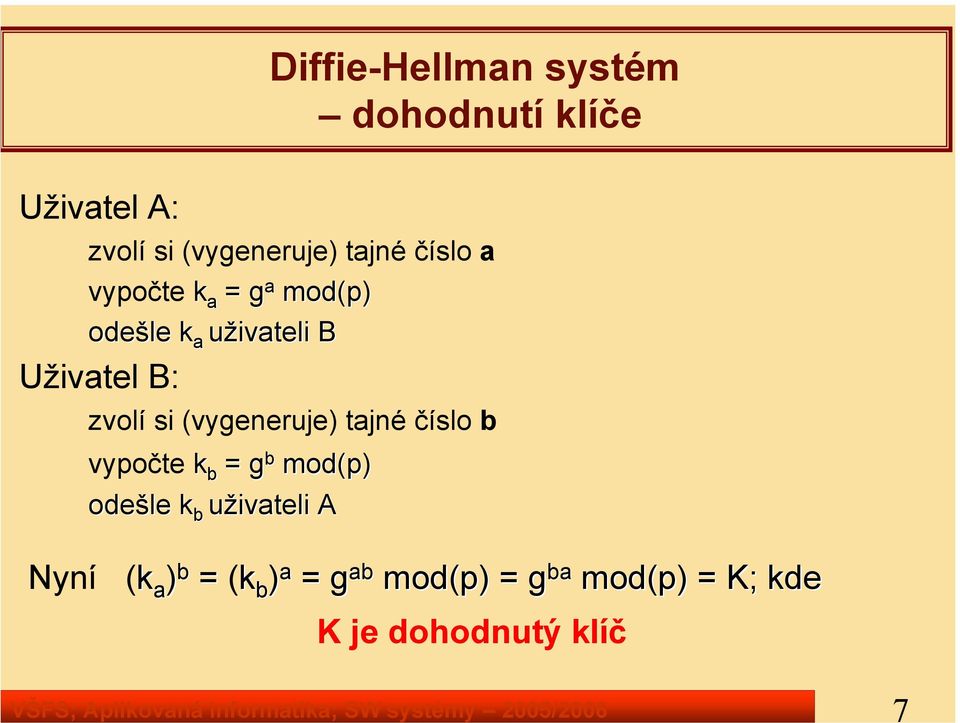 uživateli B Uživatel B: zvolí si (vygeneruje) tajné číslo b vypočte k b = g b mod(p)