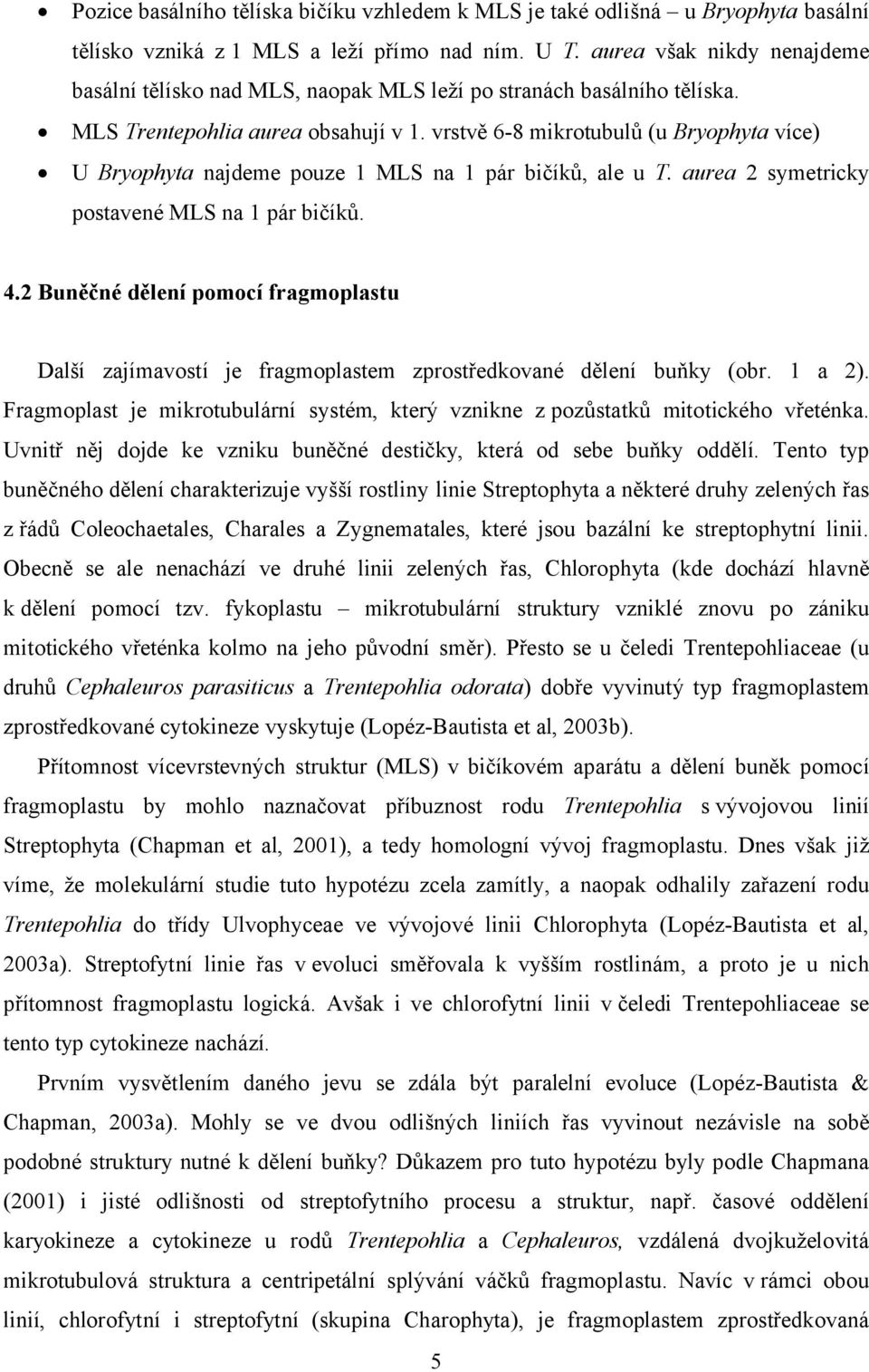 vrstvě 6-8 mikrotubulů (u Bryophyta více) U Bryophyta najdeme pouze 1 MLS na 1 pár bičíků, ale u T. aurea 2 symetricky postavené MLS na 1 pár bičíků. 4.