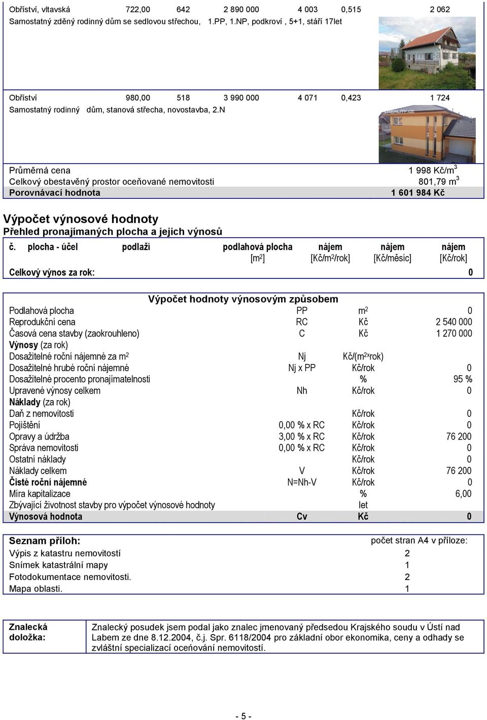 N Průměrná cena 1 998 Kč/m 3 Celkový obestavěný prostor oceňované nemovitosti 801,79 m 3 Porovnávací hodnota 1 601 984 Kč Výpočet výnosové hodnoty Přehled pronajímaných plocha a jejich výnosů č.