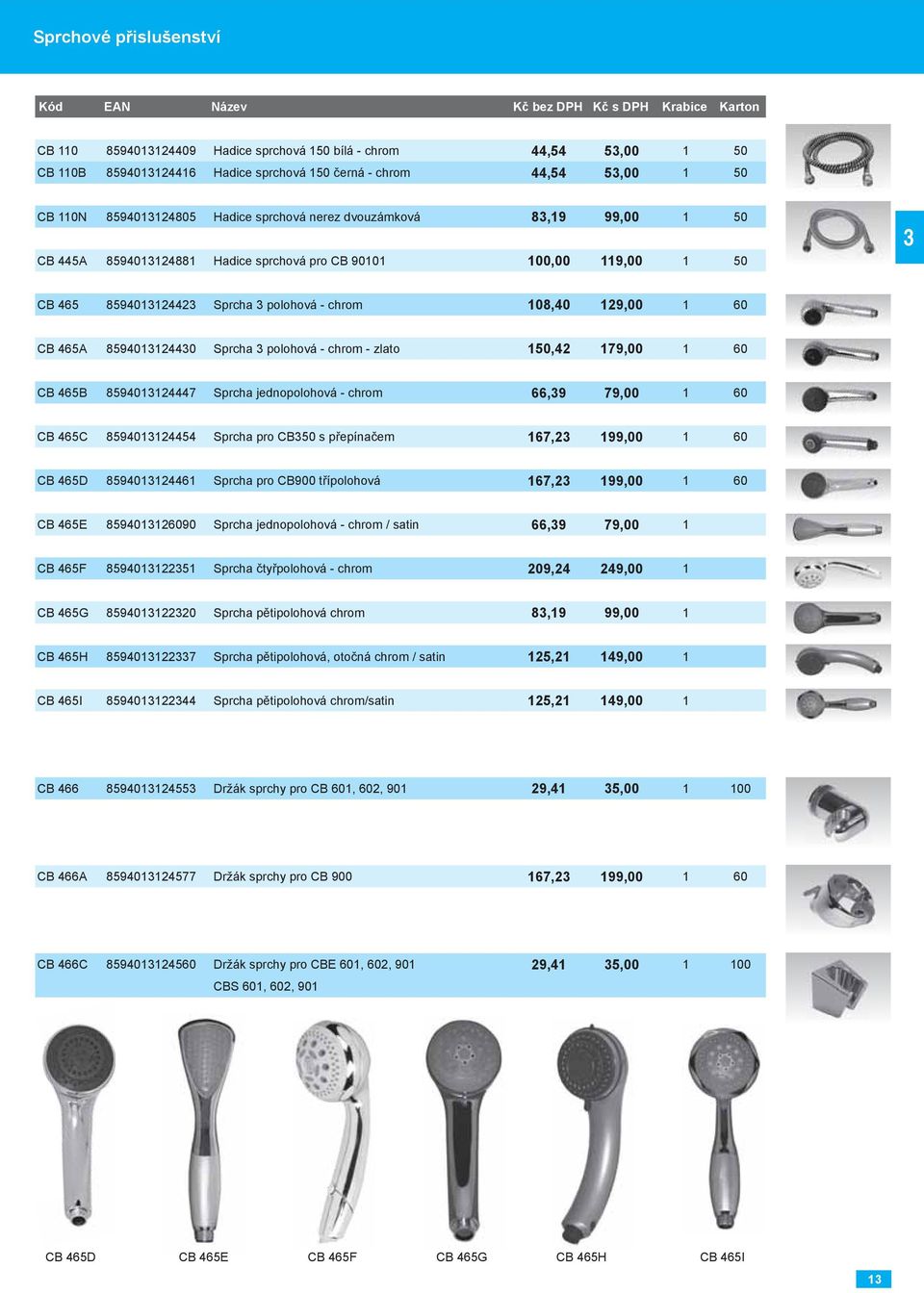 polohová - chrom 108,40 129,00 1 60 CB 465A 8594013124430 Sprcha 3 polohová - chrom - zlato 150,42 179,00 1 60 CB 465B 8594013124447 Sprcha jednopolohová - chrom 66,39 79,00 1 60 CB 465C