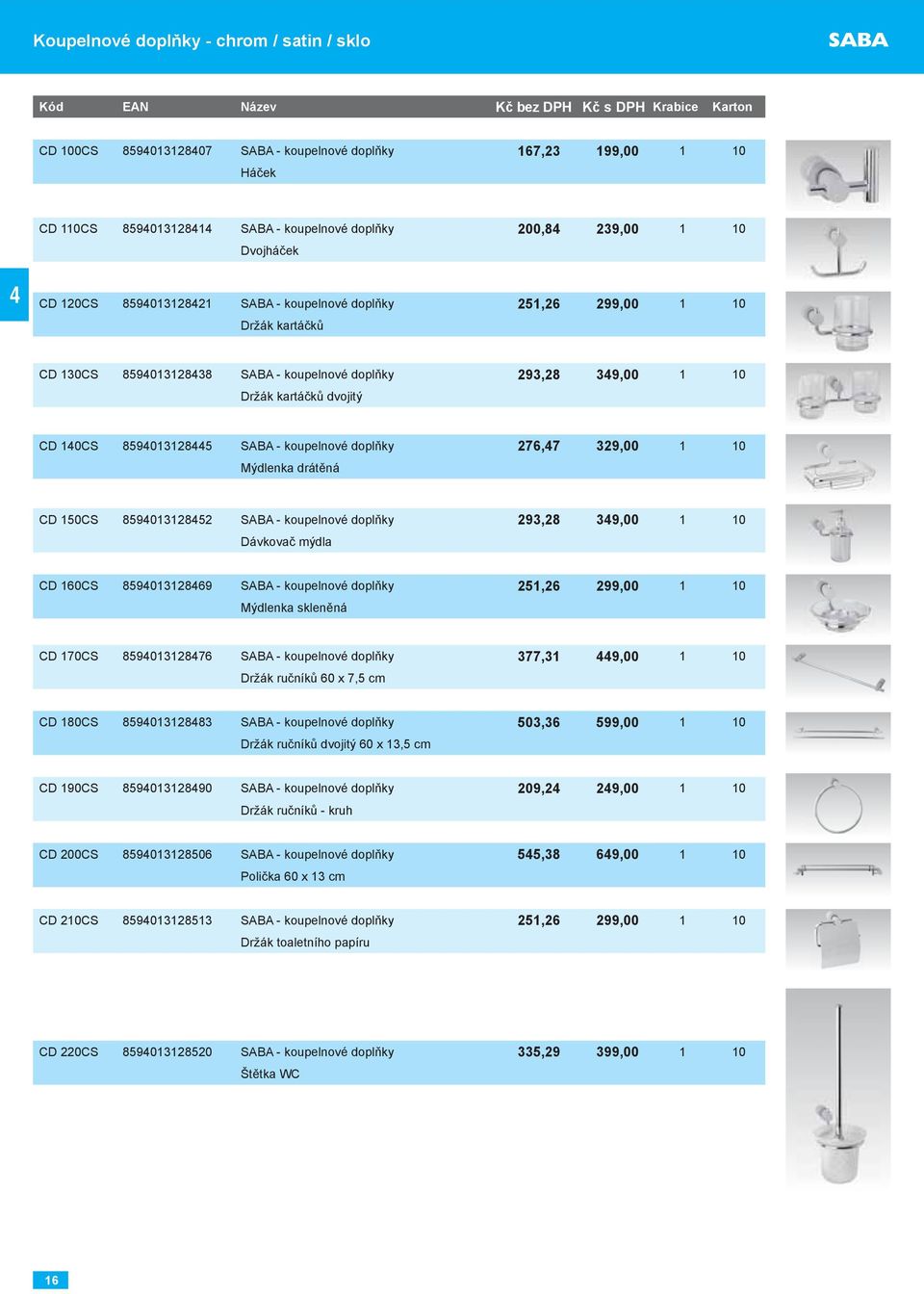 10 Držák kartáčků dvojitý CD 140CS 8594013128445 SABA - koupelnové doplňky 276,47 329,00 1 10 Mýdlenka drátěná CD 150CS 8594013128452 SABA - koupelnové doplňky 293,28 349,00 1 10 Dávkovač mýdla CD