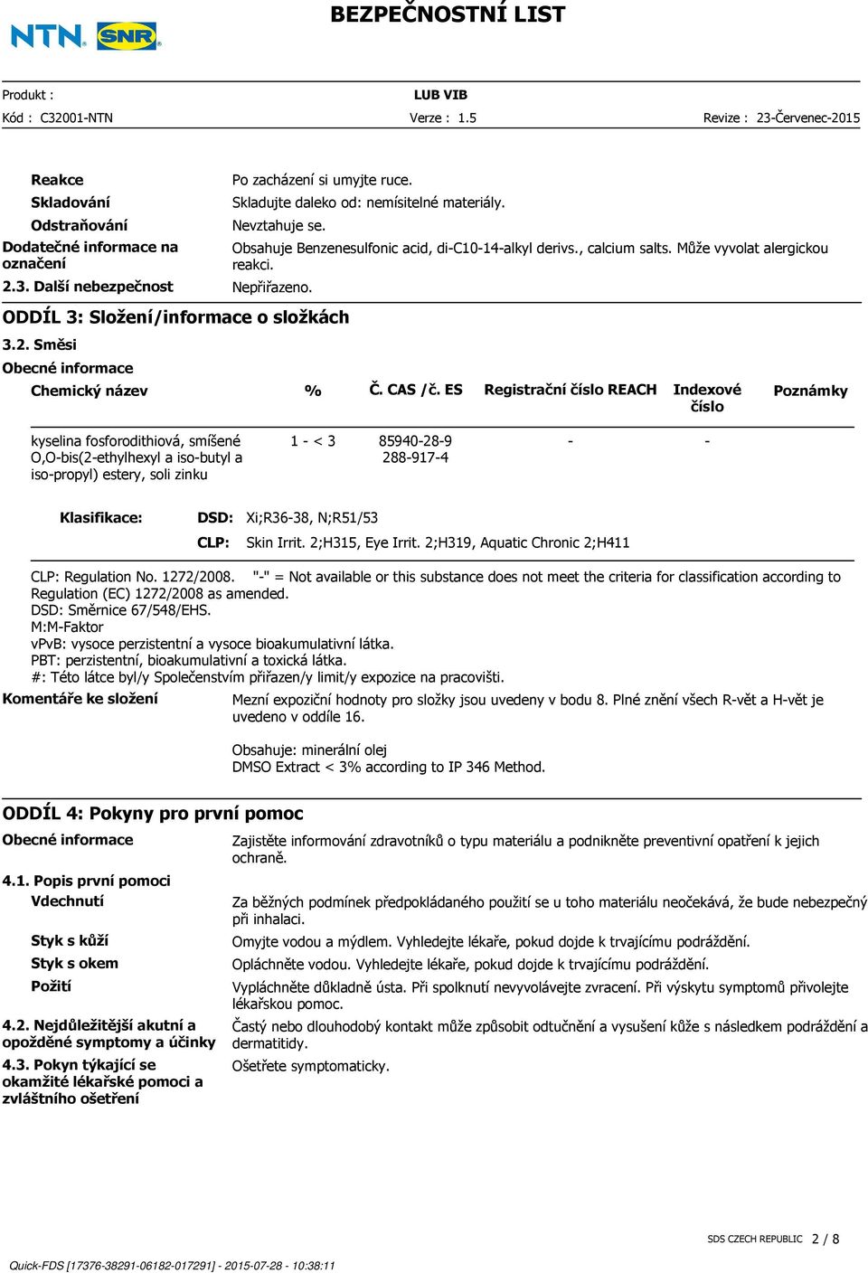 ES Registrační číslo REACH Indexové číslo Poznámky kyselina fosforodithiová, smíšené O,O-bis(2-ethylhexyl a iso-butyl a iso-propyl) estery, soli zinku 1 - < 3 85940-28-9 288-917-4 - - Klasifikace: