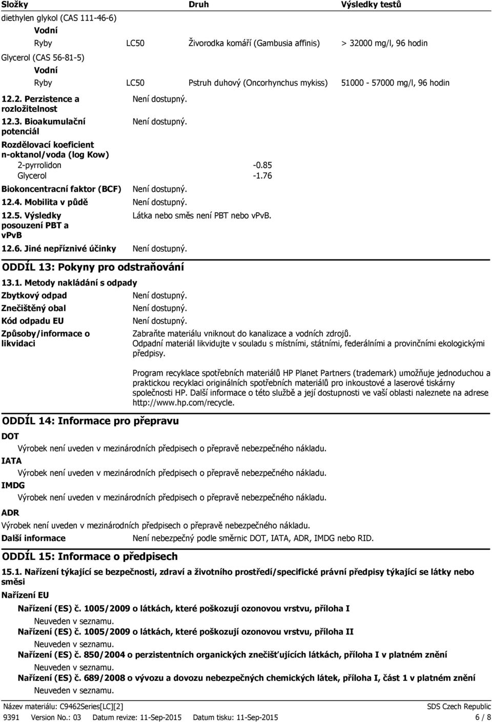 76 Biokoncentracní faktor (BCF) 12.4. Mobilita v půdě 12.5. Výsledky posouzení PBT a vpvb 12.6. Jiné nepříznivé účinky ODDÍL 13: Pokyny pro odstraňování 13.1. Metody nakládání s odpady Zbytkový odpad Znečištěný obal Kód odpadu EU Způsoby/informace o likvidaci Látka nebo směs není PBT nebo vpvb.
