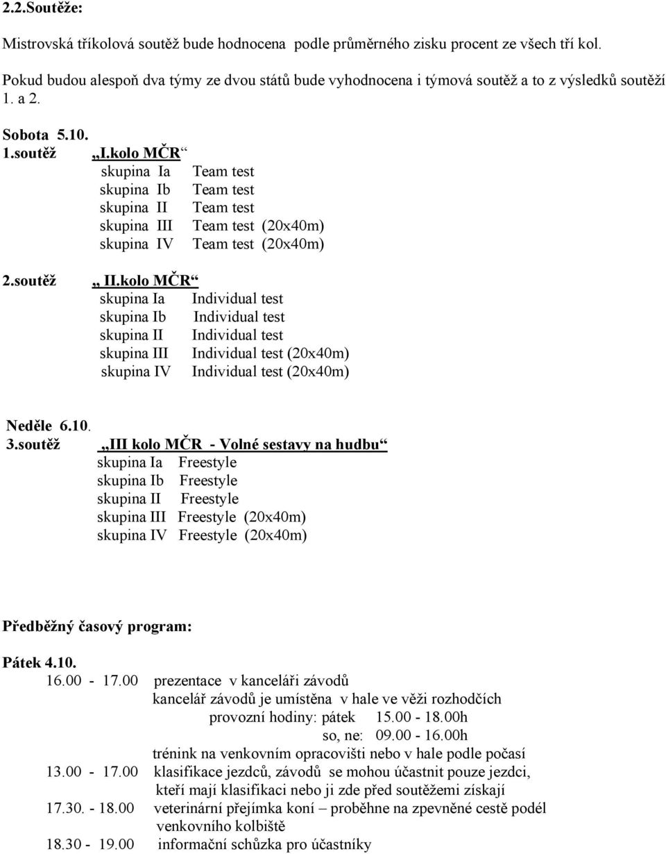 kolo MČR skupina Ia Team test skupina Ib Team test skupina II Team test skupina III Team test (20x40m) skupina IV Team test (20x40m) 2.soutěž II.