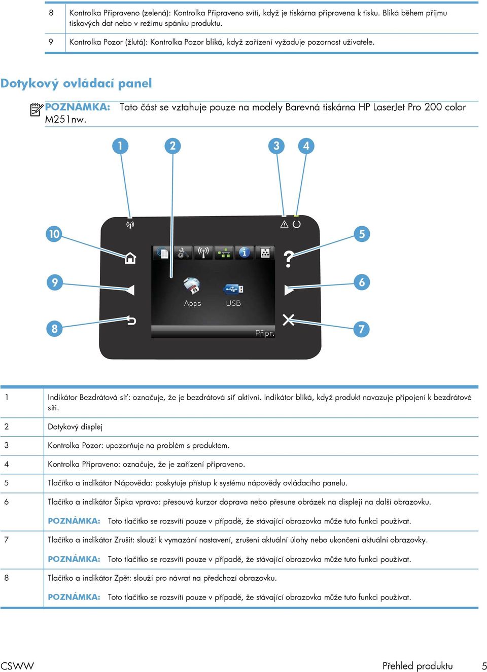 Tato část se vztahuje pouze na modely Barevná tiskárna HP LaserJet Pro 200 color 1 Indikátor Bezdrátová síť: označuje, že je bezdrátová síť aktivní.