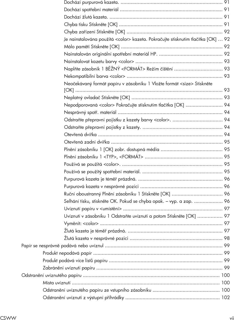 .. 93 Naplňte zásobník 1 BĚŽNÝ <FORMÁT> Režim čištění... 93 Nekompatibilní barva <color>... 93 Neočekávaný formát papíru v zásobníku 1 Vložte formát <size> Stiskněte [OK].