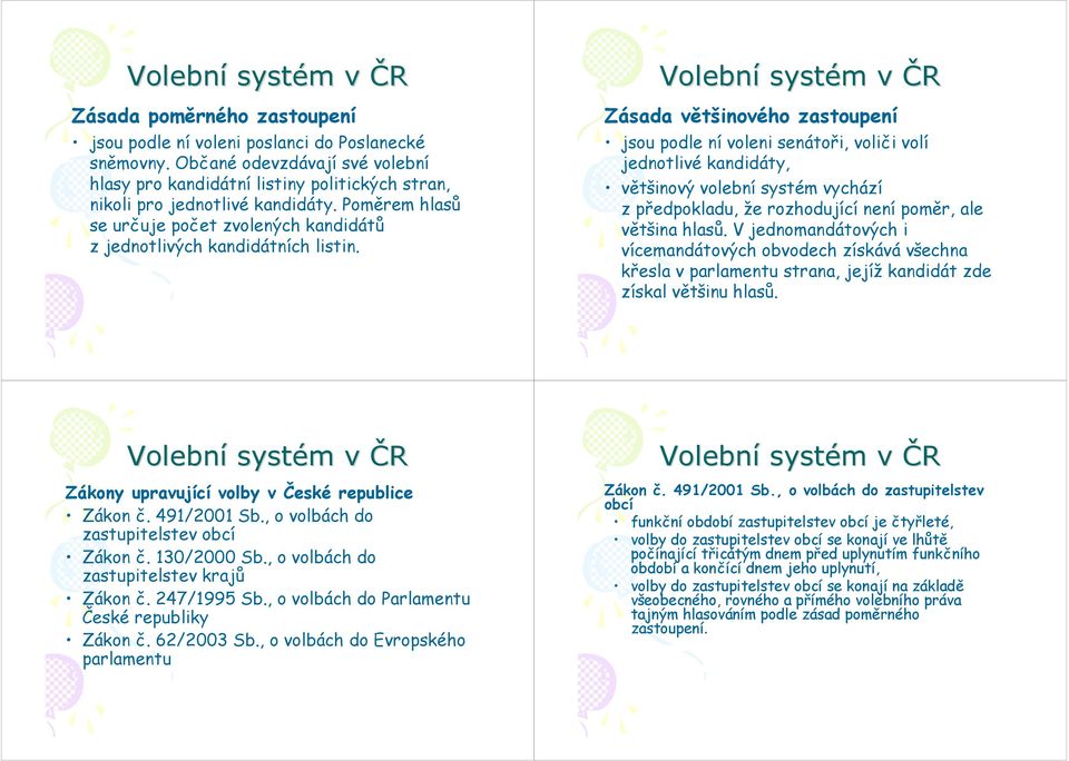 Zásada většinového zastoupení jsou podle ní voleni senátoři, voliči volí jednotlivé kandidáty, většinový volební systém vychází z předpokladu, že rozhodující není poměr, ale většina hlasů.