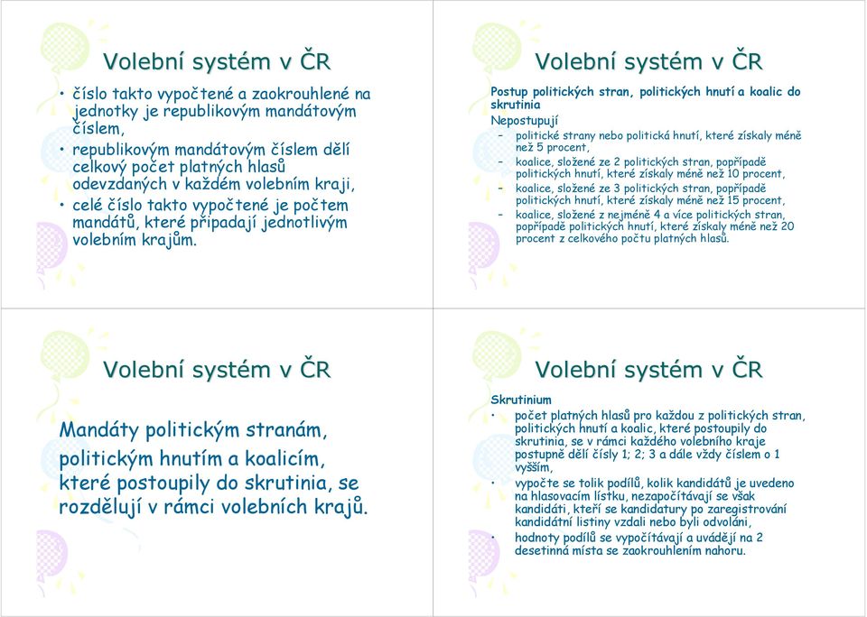 Postup politických stran, politických hnutí a koalic do skrutinia Nepostupují politické strany nebo politická hnutí, které získaly méně než 5 procent, koalice, složené ze 2 politických stran,