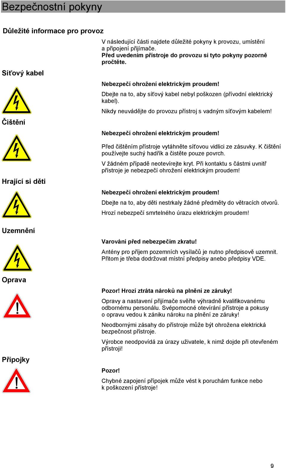 Nikdy neuvádějte do provozu přístroj s vadným síťovým kabelem! Nebezpečí ohrožení elektrickým proudem! Hrající si děti Uzemnění Před čištěním přístroje vytáhněte síťovou vidlici ze zásuvky.