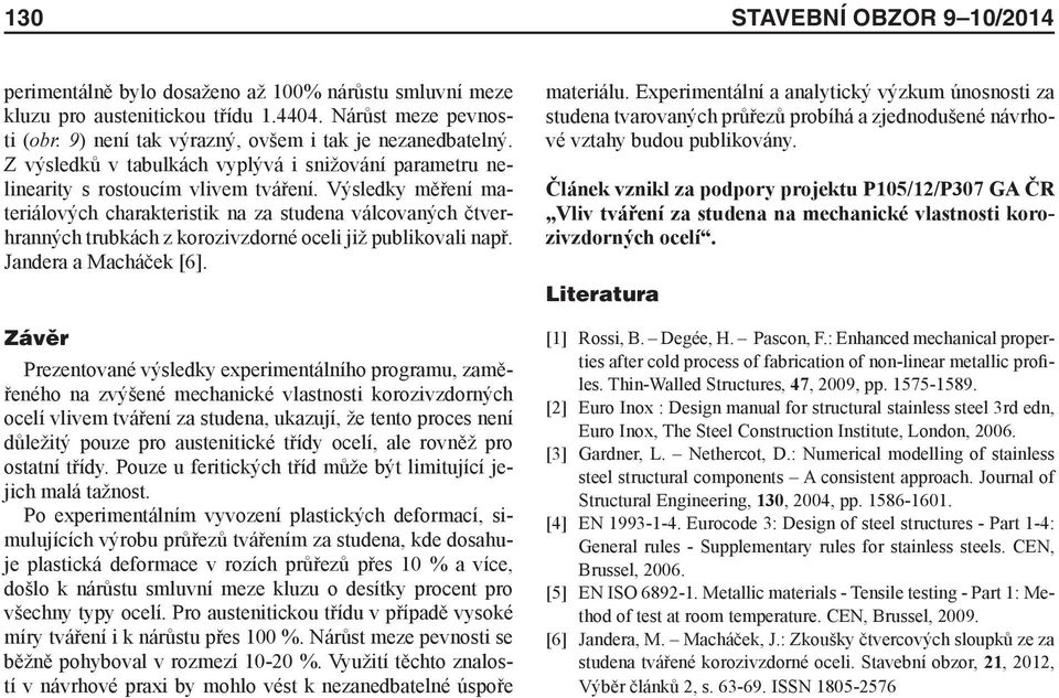 Výsledky měřeí materiálových charakteristik a za studea válcovaých čtverhraých trubkách z korozivzdoré oceli již publikovali apř. Jadera a Macháček [6].