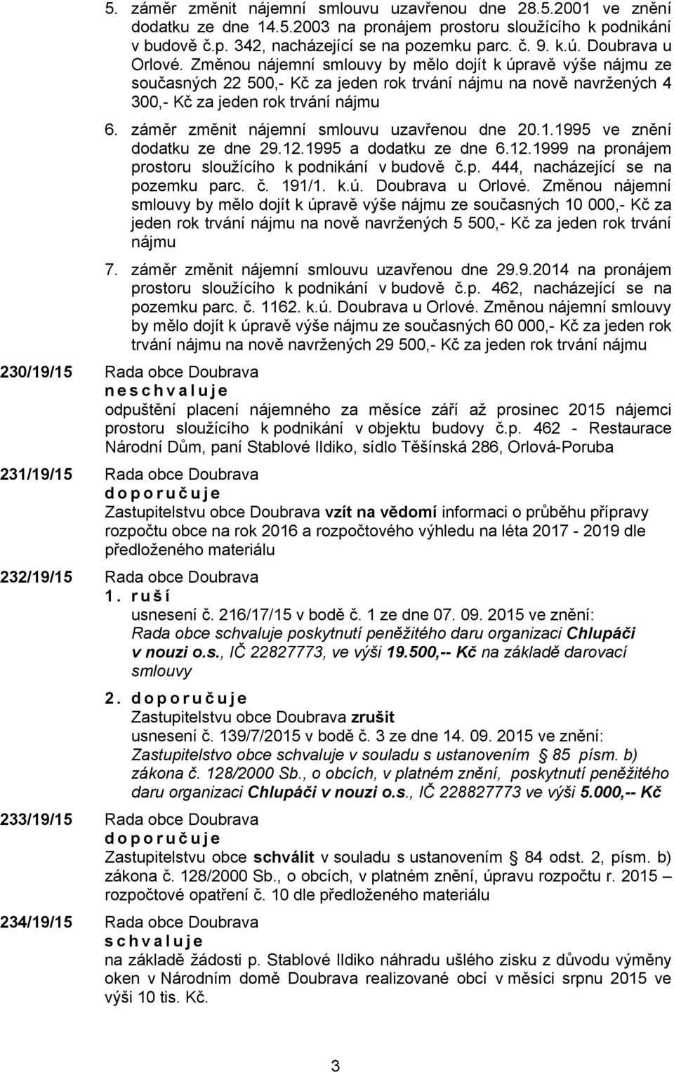 záměr změnit nájemní smlouvu uzavřenou dne 20.1.1995 ve znění dodatku ze dne 29.12.1995 a dodatku ze dne 6.12.1999 na pronájem prostoru sloužícího k podnikání v budově č.p. 444, nacházející se na pozemku parc.