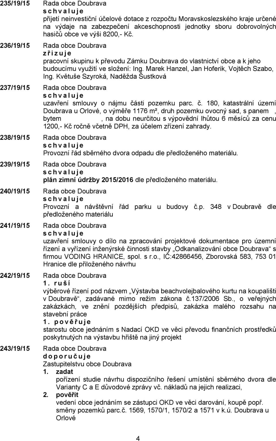 Květuše Szyroká, Naděžda Šustková 237/19/15 Rada obce Doubrava uzavření smlouvy o nájmu čá