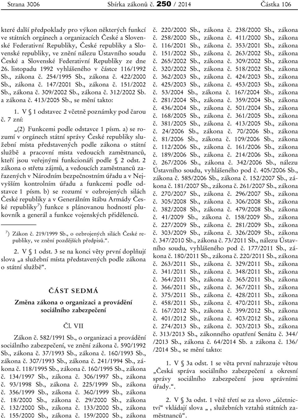 nálezu Ústavního soudu České a Slovenské Federativní Republiky ze dne 26. listopadu 1992 vyhlášeného v částce 116/1992 Sb., zákona č. 254/1995 Sb., zákona č. 422/2000 Sb., zákona č. 147/2001 Sb.