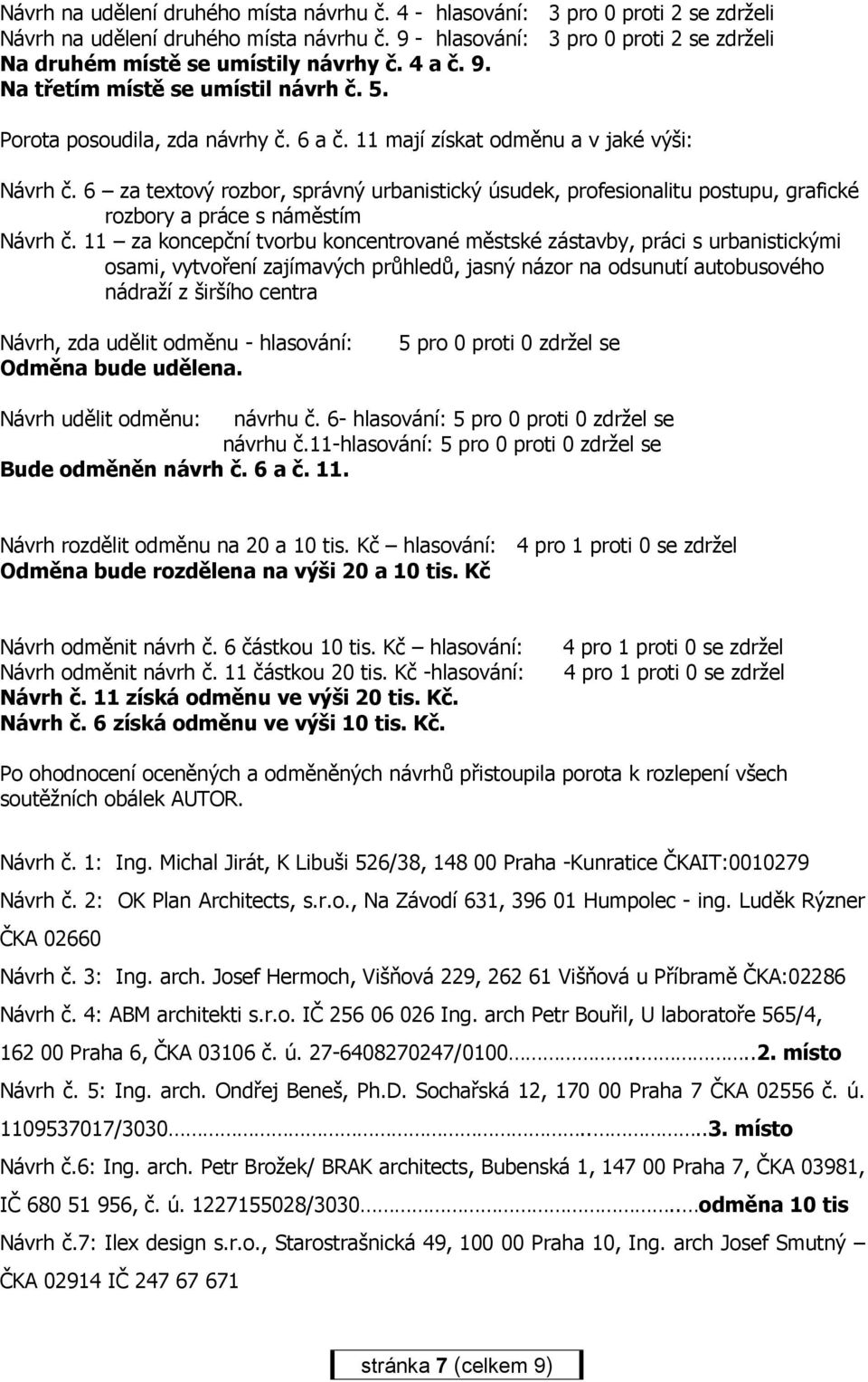 11 mají získat odměnu a v jaké výši: Návrh č. 6 za textový rozbor, správný urbanistický úsudek, profesionalitu postupu, grafické rozbory a práce s náměstím Návrh č.