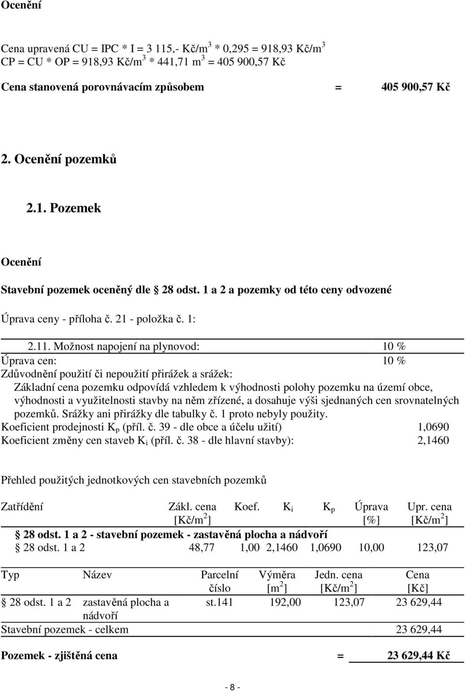 Možnost napojení na plynovod: 10 % Úprava cen: 10 % Zdůvodnění použití či nepoužití přirážek a srážek: Základní cena pozemku odpovídá vzhledem k výhodnosti polohy pozemku na území obce, výhodnosti a