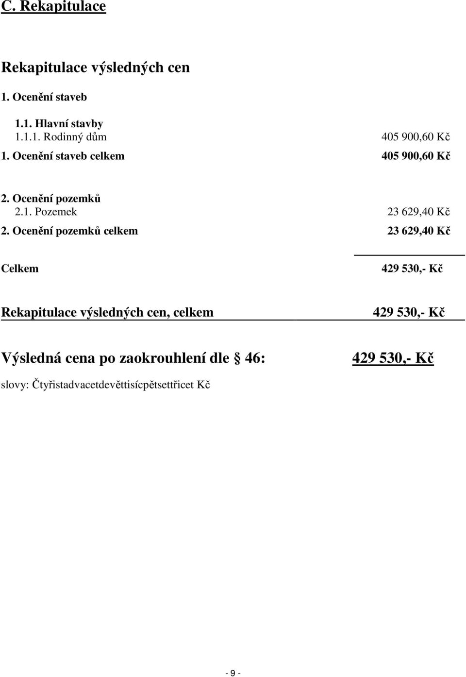 Ocenění pozemků celkem 23 629,40 Kč Celkem 429 530,- Kč Rekapitulace výsledných cen, celkem 429 530,-