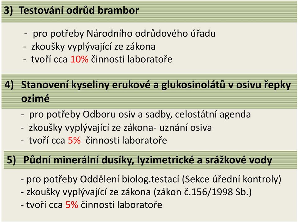 vyplývající ze zákona uznání osiva tvoří cca 5% činnosti laboratoře 5) Půdní minerální dusíky, lyzimetrické a srážkové vody pro