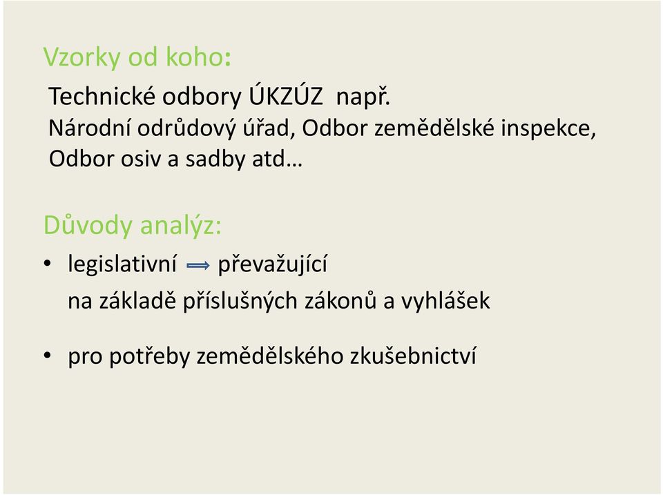 osiv a sadby atd Důvody analýz: legislativní převažující