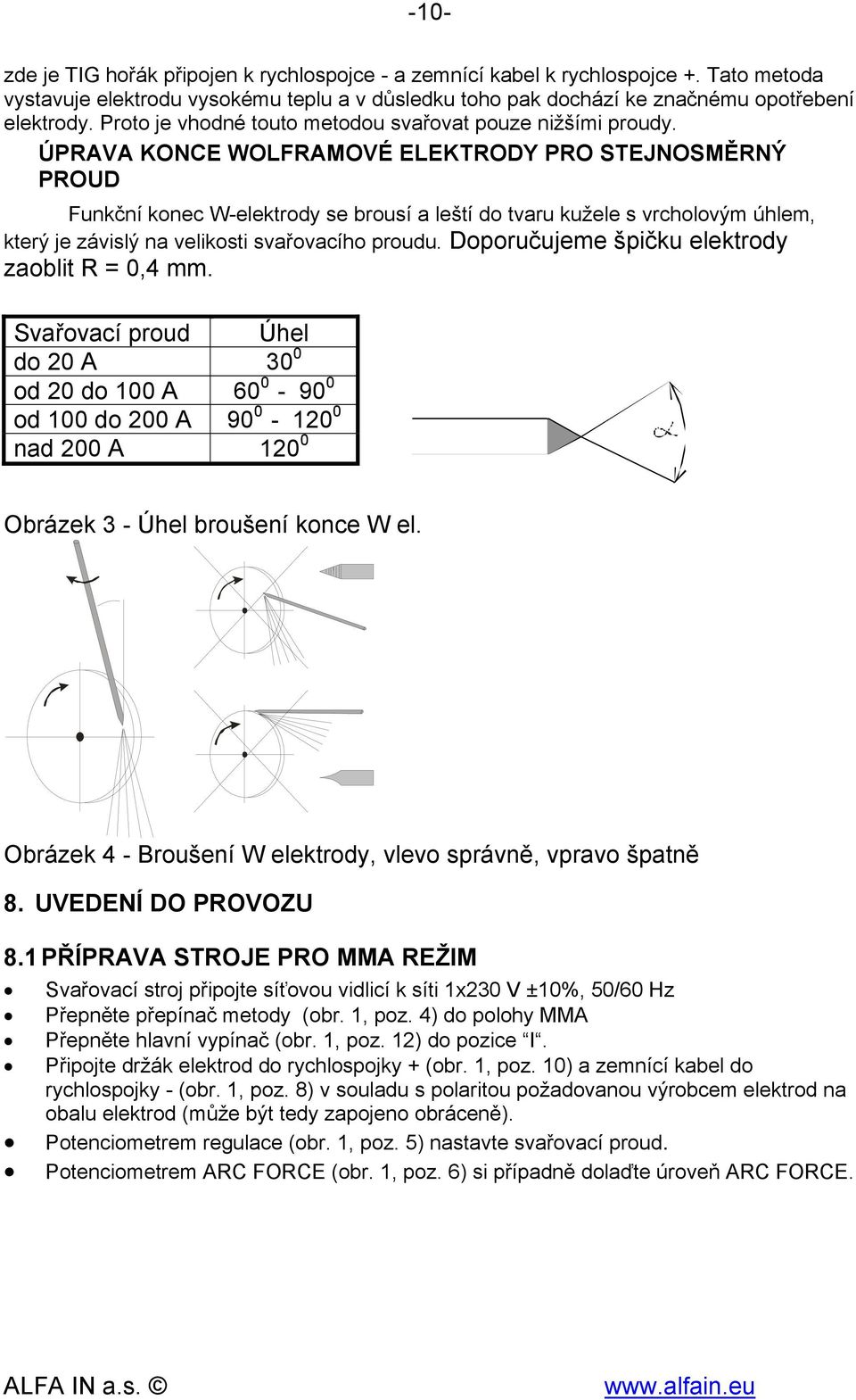 ÚPRAVA KONCE WOLFRAMOVÉ ELEKTRODY PRO STEJNOSMĚRNÝ PROUD Funkční konec W-elektrody se brousí a leští do tvaru kužele s vrcholovým úhlem, který je závislý na velikosti svařovacího proudu.