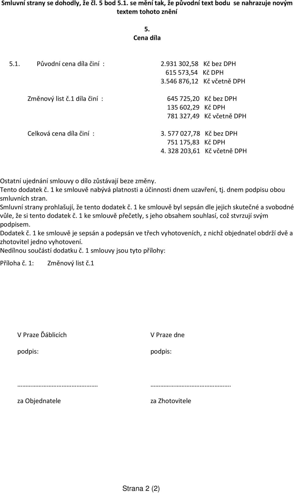 577 027,78 Kč bez DPH 751 175,83 Kč DPH 4. 328 203,61 Kč včetně DPH Ostatní ujednání smlouvy o dílo zůstávají beze změny. Tento dodatek č. 1 ke smlouvě nabývá platnosti a účinnosti dnem uzavření, tj.