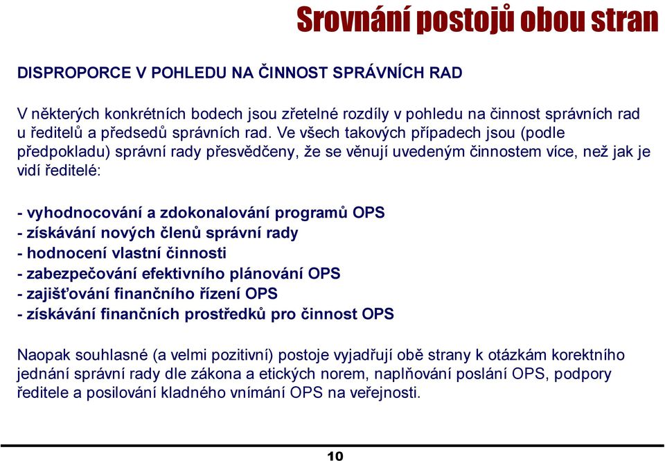 nových členů správní rady - hodnocení vlastní činnosti - zabezpečování efektivního plánování OPS - zajišťování finančního řízení OPS - získávání finančních prostředků pro činnost OPS Srovnání postojů