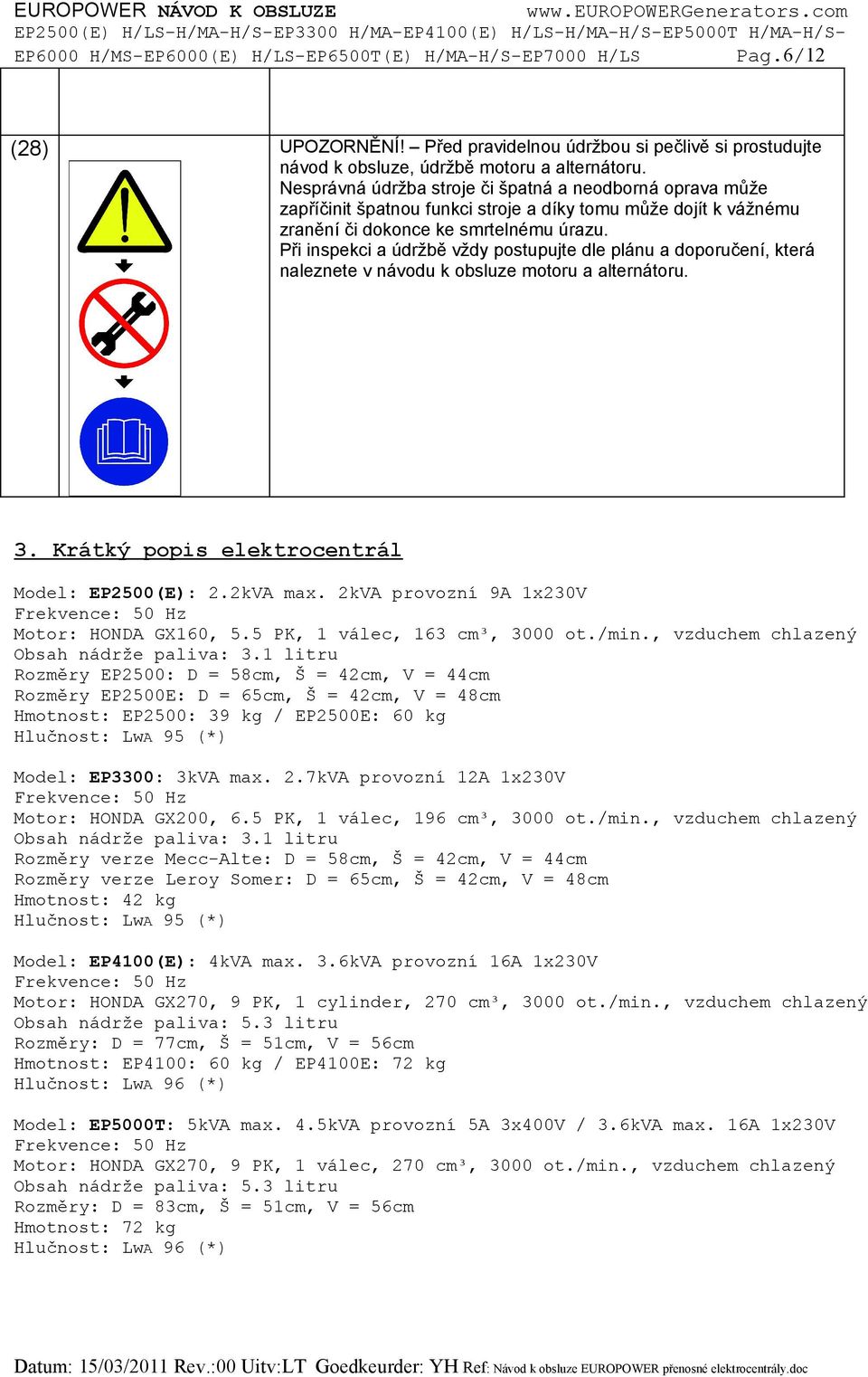 Při inspekci a údržbě vždy postupujte dle plánu a doporučení, která naleznete v návodu k obsluze motoru a alternátoru. 3. Krátký popis elektrocentrál Model: EP2500(E): 2.2kVA max.