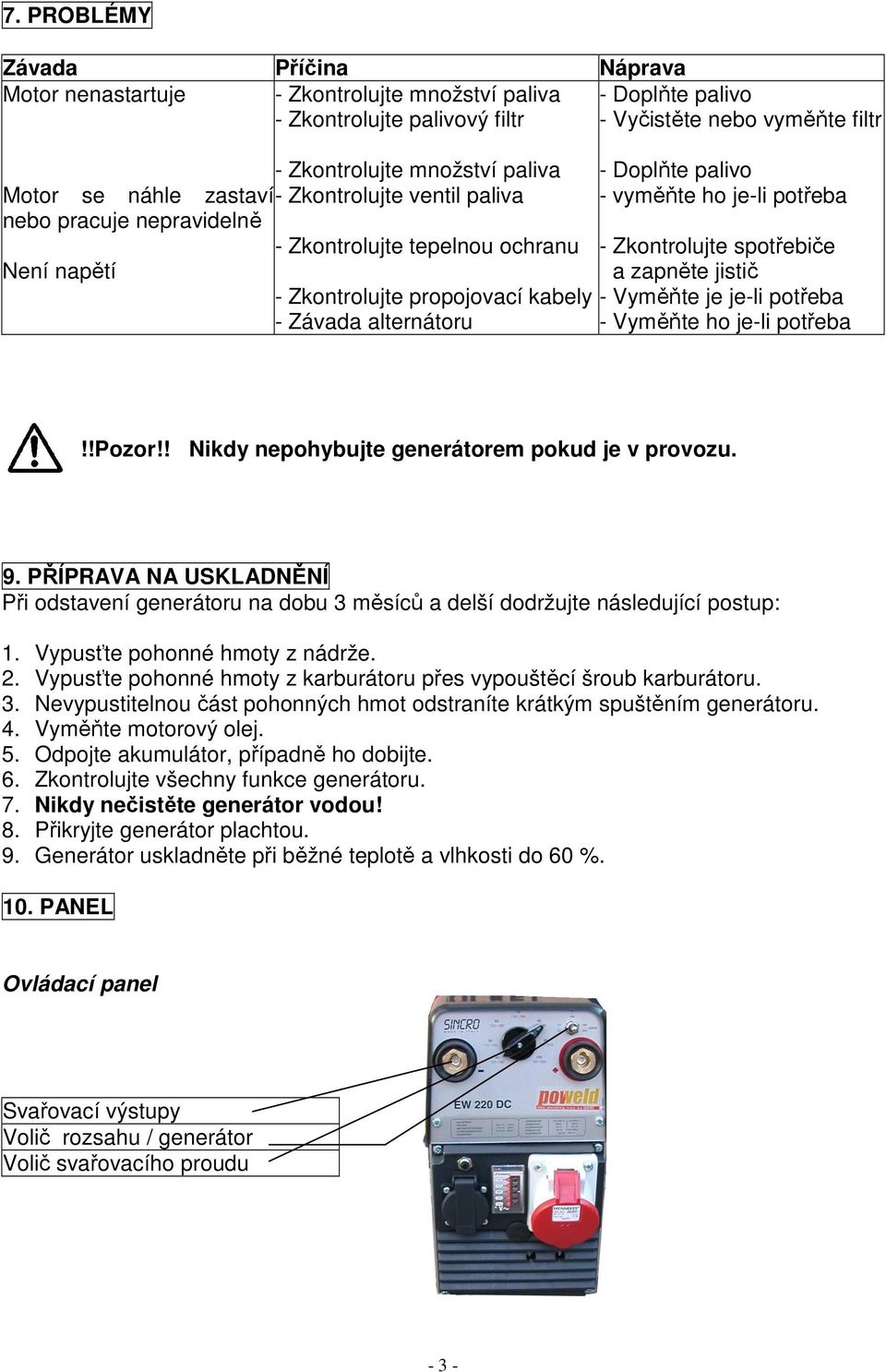 ho je-li potřeba - Zkontrolujte spotřebiče a zapněte jistič - Vyměňte je je-li potřeba - Vyměňte ho je-li potřeba!!pozor!! Nikdy nepohybujte generátorem pokud je v provozu. 9.