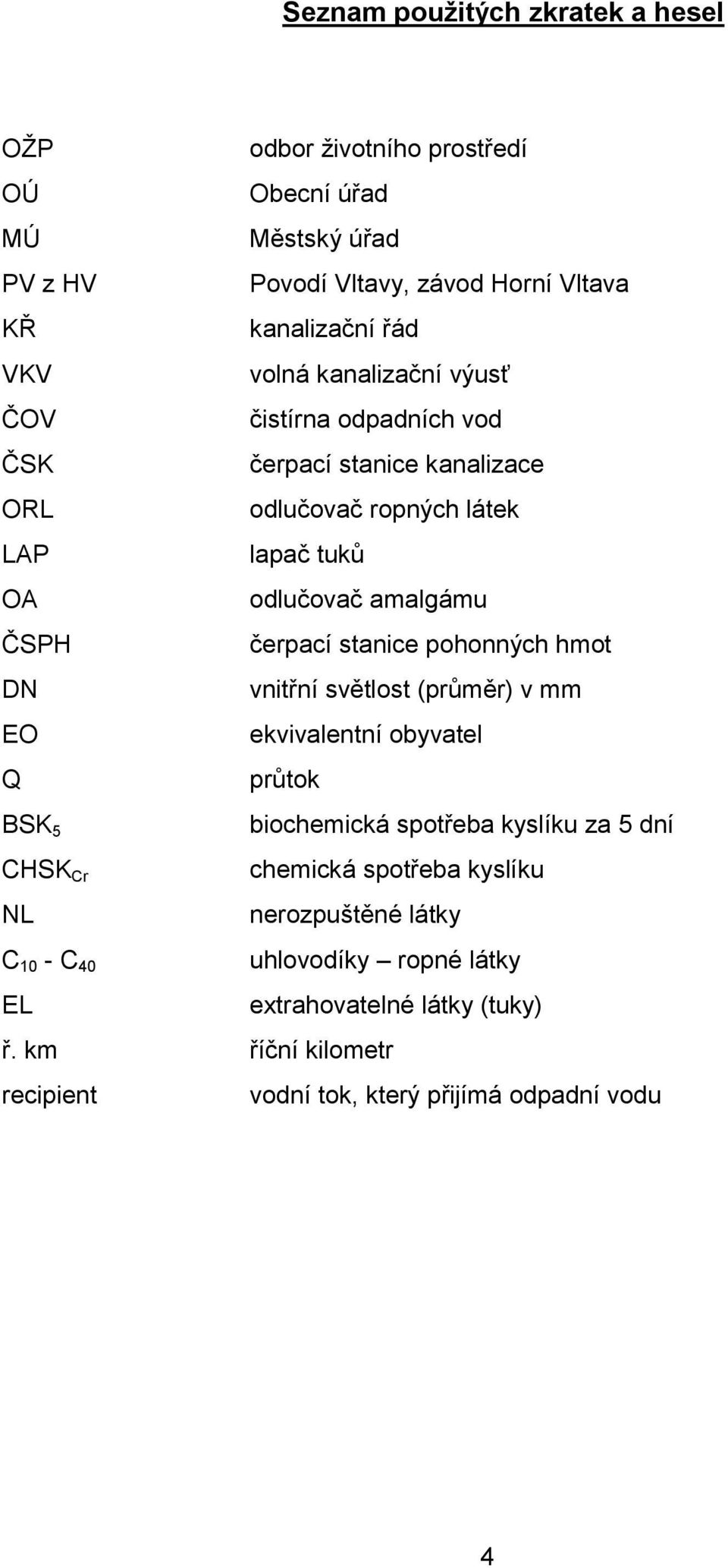 stanice pohonných hmot DN vnitřní světlost (průměr) v mm EO ekvivalentní obyvatel Q průtok BSK 5 biochemická spotřeba kyslíku za 5 dní CHSK Cr chemická spotřeba