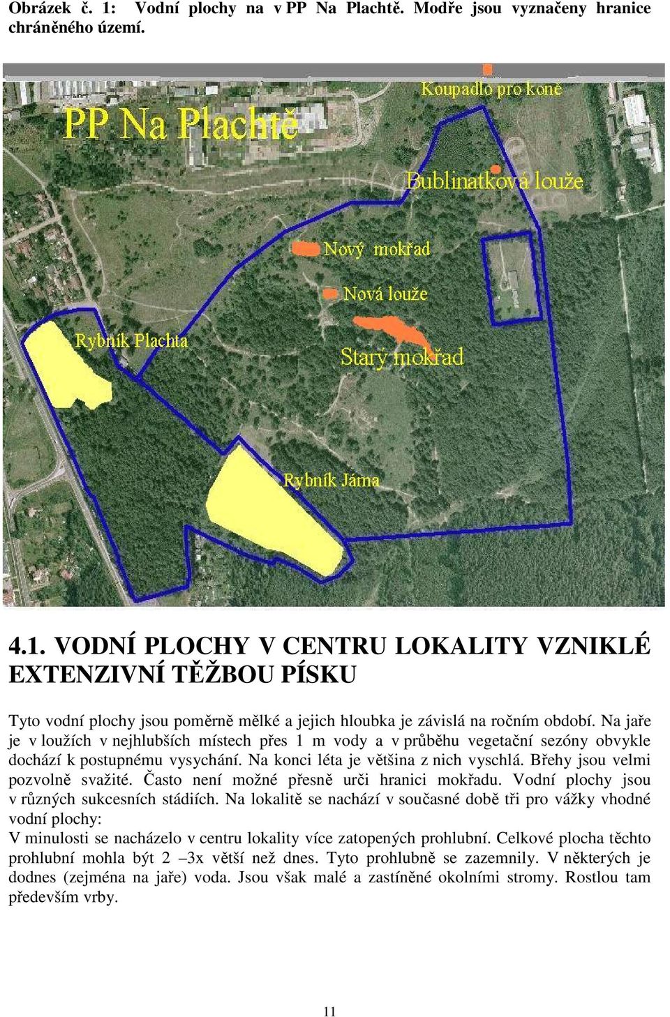 Břehy jsou velmi pozvolně svažité. Často není možné přesně urči hranici mokřadu. Vodní plochy jsou v různých sukcesních stádiích.