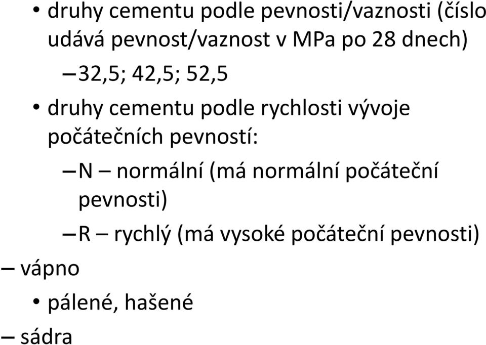 vývoje počátečních pevností: vápno N normální (má normální