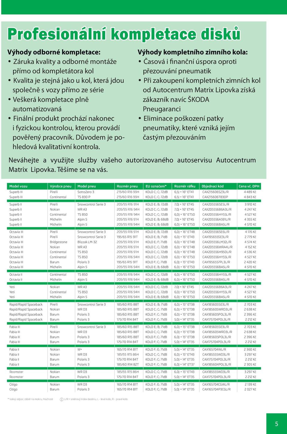 Výhody kompletního zimního kola: Časová i finanční úspora oproti přezouvání pneumatik Při zakoupení kompletních zimních kol od Autocentrum Matrix Lipovka získá zákazník navíc ŠKODA Pneugaranci