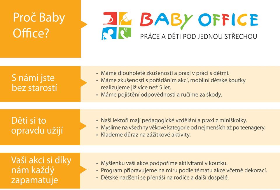 Děti si to opravdu užijí Naši lektoři mají pedagogické vzdělání a praxi z miniškolky. Myslíme na všechny věkové kategorie od nejmenších až po teenagery.