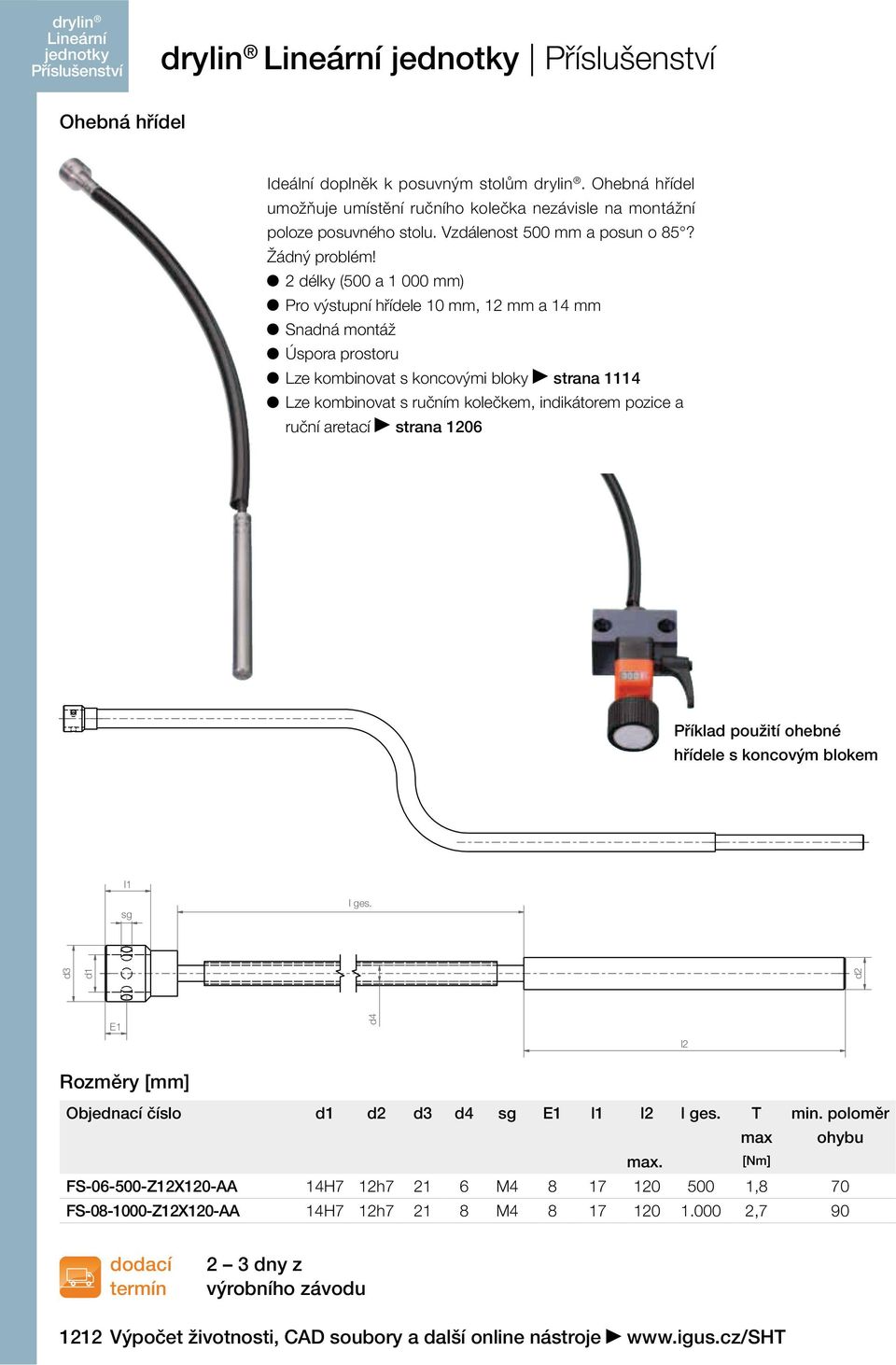 2 délky (500 a 1 000 mm) Pro výstupní hřídele 10 mm, 12 mm a 14 mm Snadná montáž Úspora prostoru Lze kombinovat s koncovými bloky strana 1114 Lze kombinovat s ručním kolečkem, indikátorem pozice a