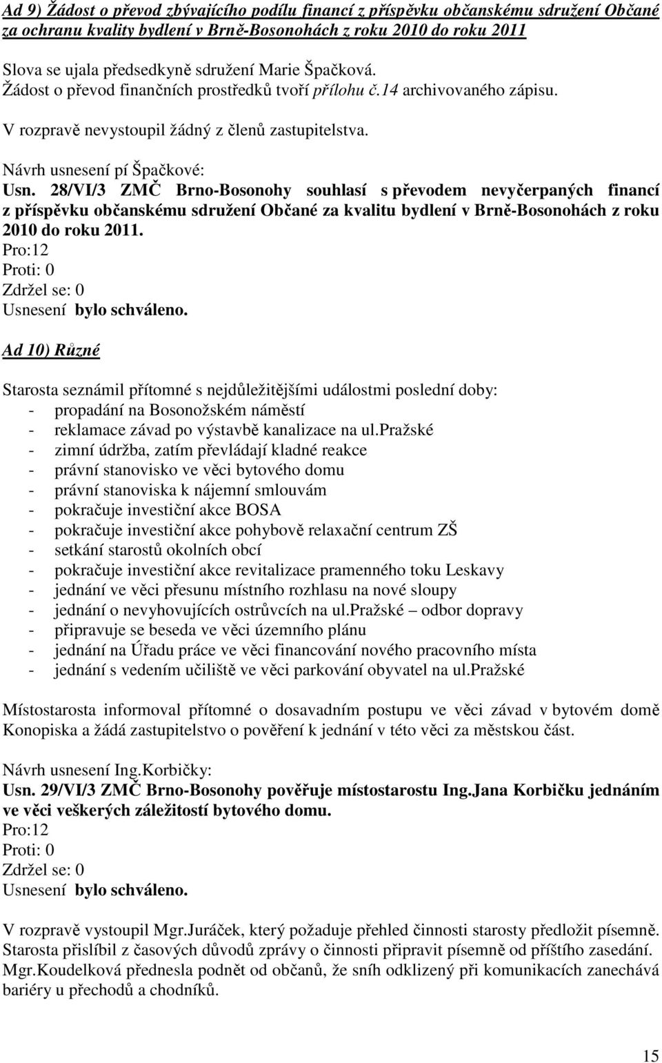 28/VI/3 ZMČ Brno-Bosonohy souhlasí s převodem nevyčerpaných financí z příspěvku občanskému sdružení Občané za kvalitu bydlení v Brně-Bosonohách z roku 2010 do roku 2011.