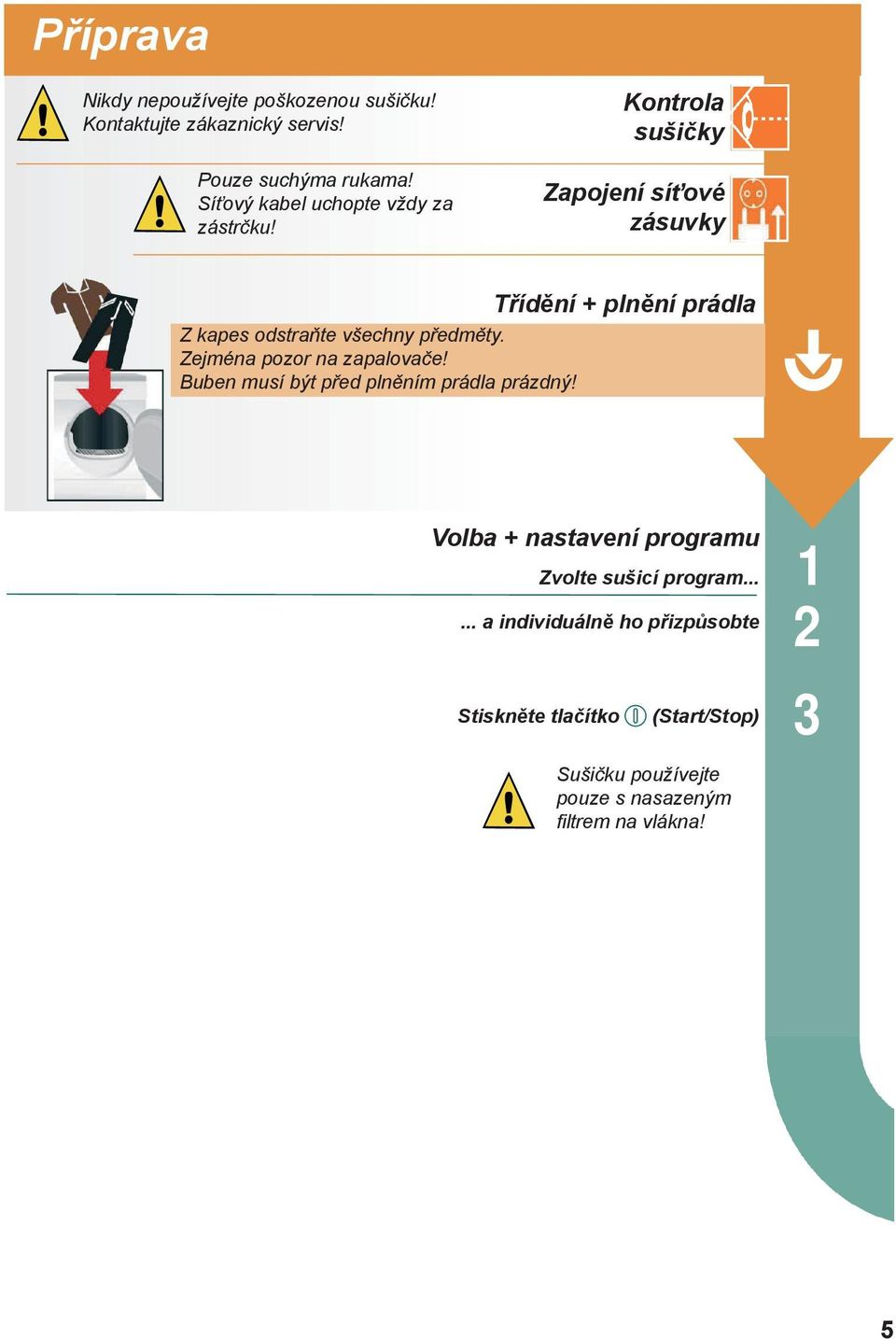 Kontrola sušičky Zapojení síťové zásuvky Třídění + plnění prádla Z kapes odstraňte všechny předměty.