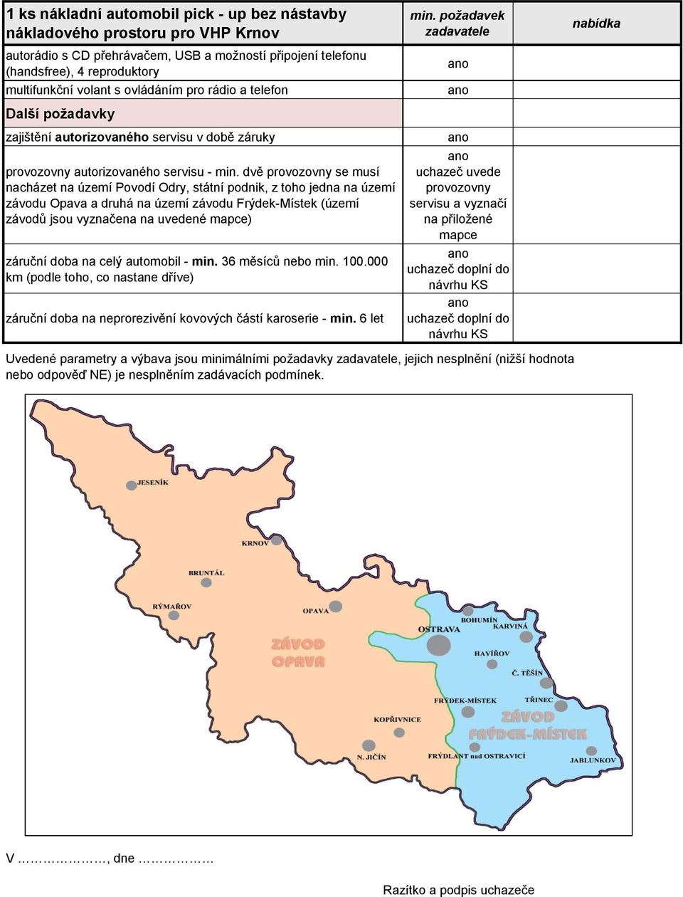 dvě provozovny se musí nacházet na území Povodí Odry, státní podnik, z toho jedna na území závodu Opava a druhá na území závodu Frýdek-Místek (území závodů jsou vyznačena na uvedené mapce) záruční